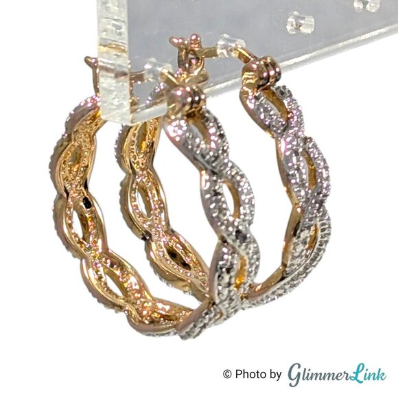 PAJ BB Gold Plated Twisted Hoop Silver Tone Accent Two-Tone Pierced Earrings - Picture 2 of 9